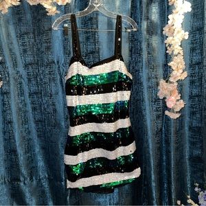 NWT Fashion Nova Green to Blue, Black, & White Stipe Metallic Mini Dress, Sz XL